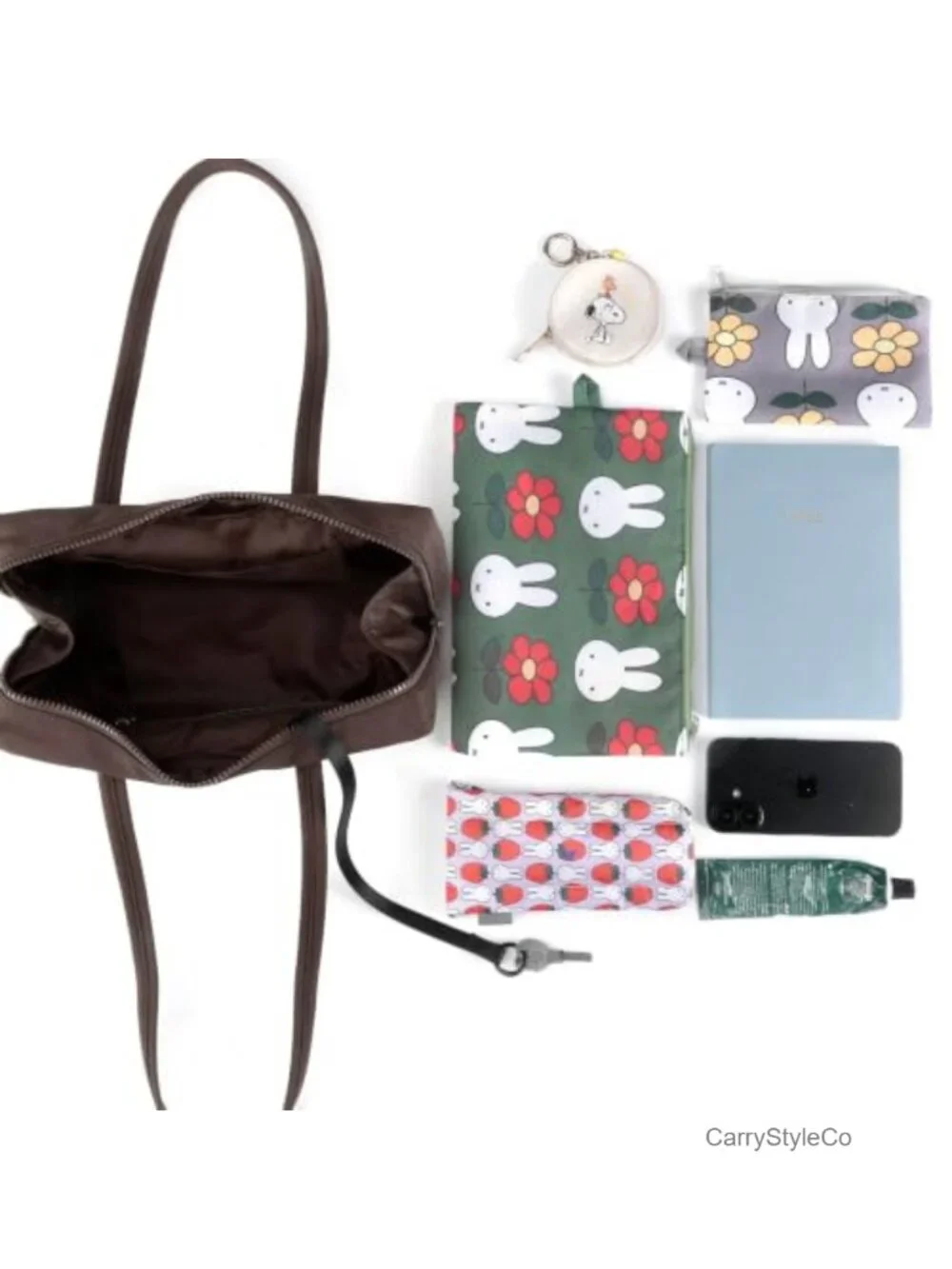 Slouchy Nylon Bowler Handbag with Zippered Pocket & Key Leash, Machine Washable